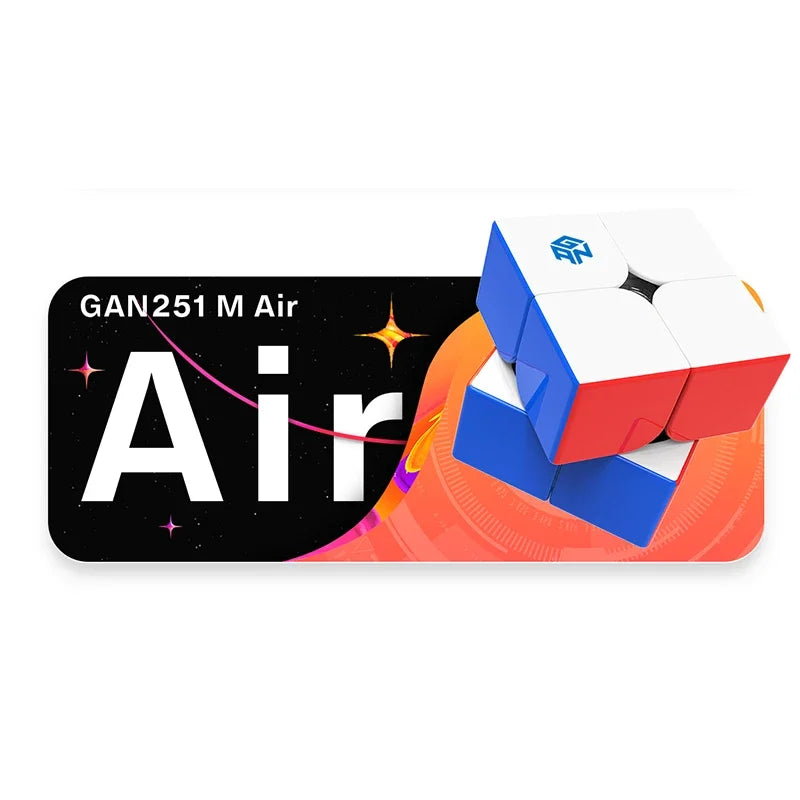 A stickerless GAN 251 M Air speed cube with blue and red magnetic pieces displayed on a black background.