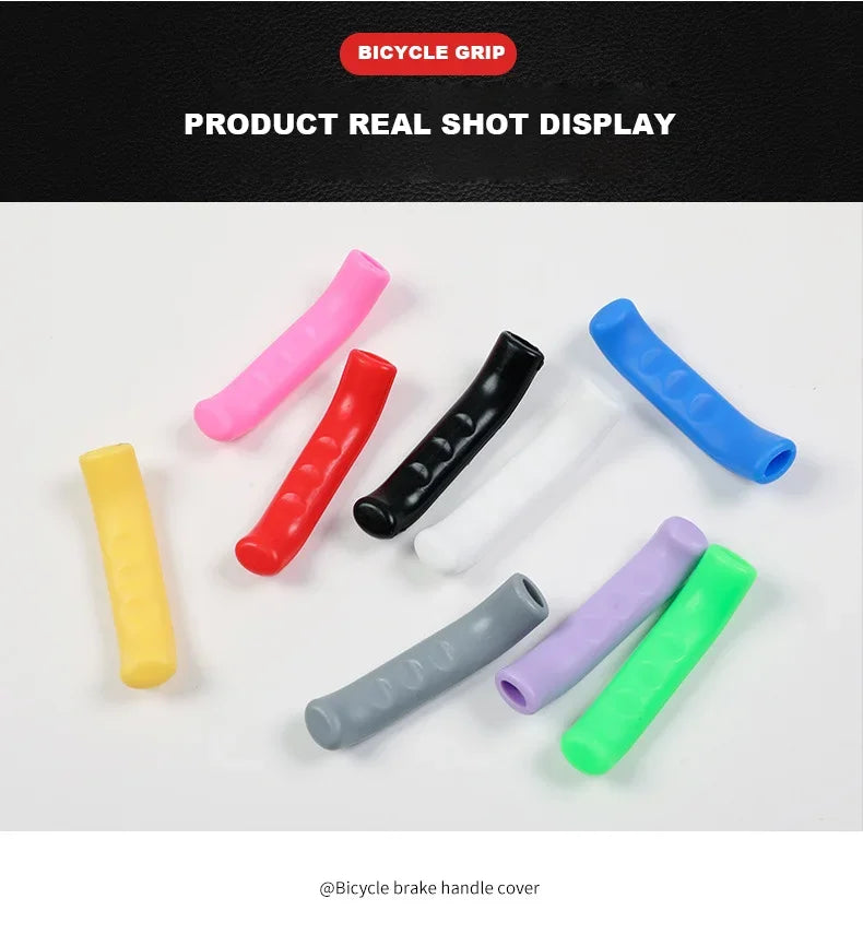 A collection of colorful silicone bicycle brake lever covers displayed on a white background.