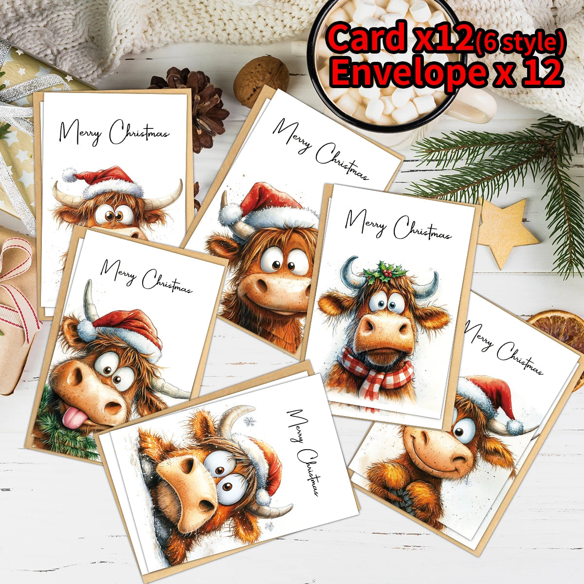 A set of twelve adorable Highland cow Christmas cards and envelopes featuring festive designs.