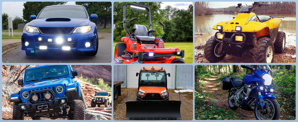 A collection of various off-road vehicles and a yellow utility vehicle, showcasing an LED light bar wiring harness kit.