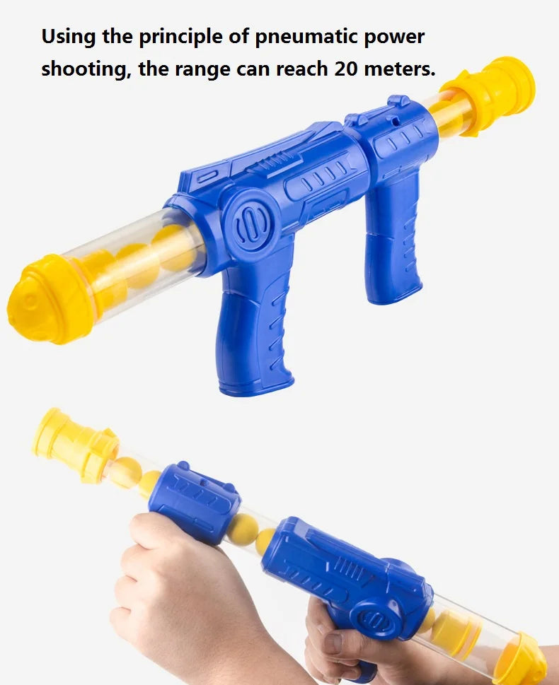 A blue air-powered dart gun is shown firing a yellow dart, demonstrating a 20-meter range.
