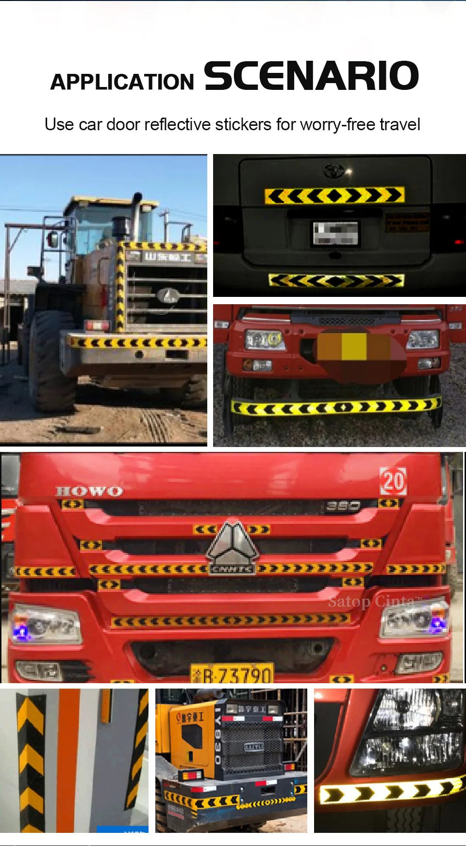 Various car door reflective stickers and safety tape applied to vehicle exteriors for visibility.