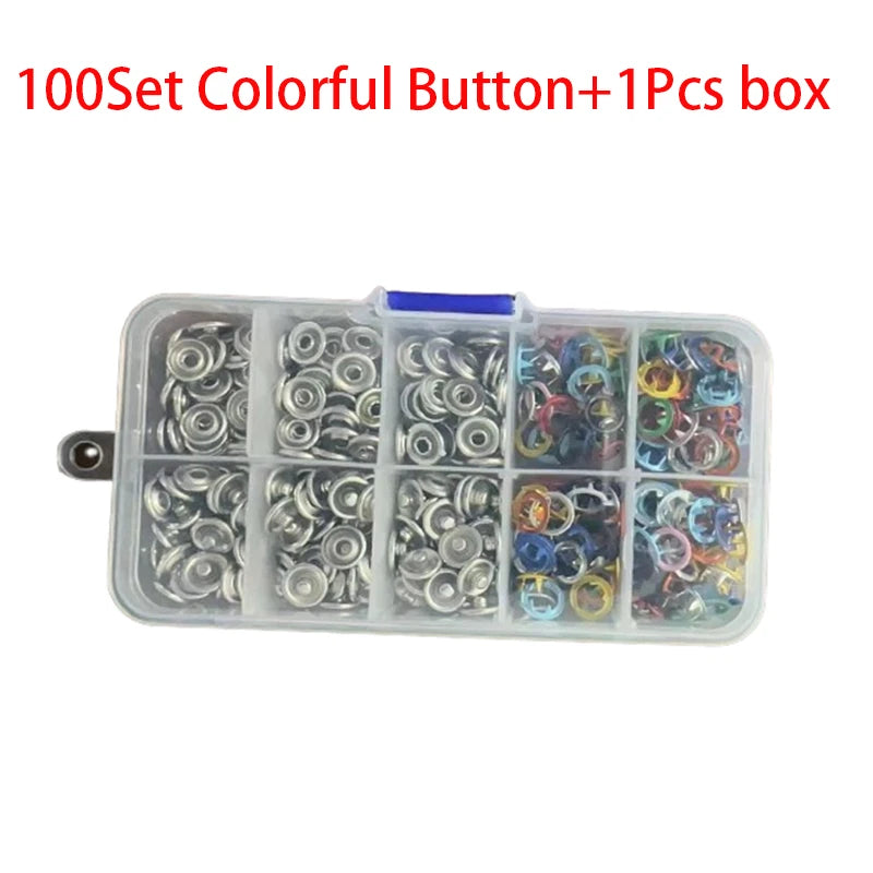 A clear plastic box containing a set of 100 colorful metal buttons for clothing and DIY projects.