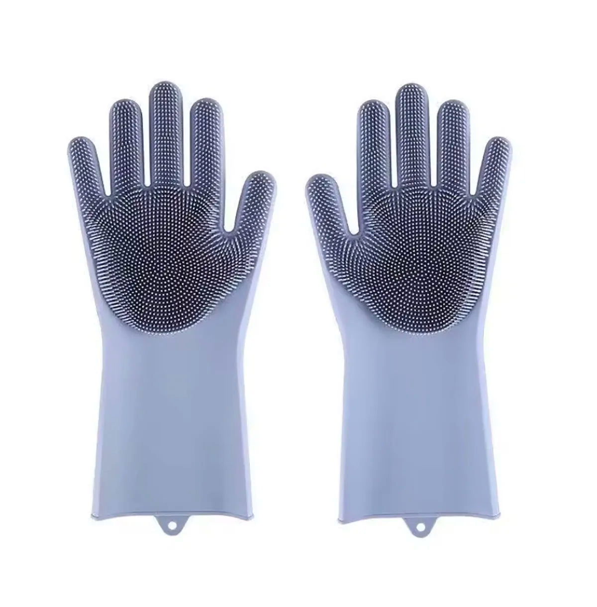 A pair of light gray scrubber-textured dishwashing gloves shown against a white background.