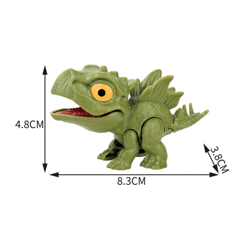 A green plastic dinosaur toy, resembling a Triceratops or Tyrannosaurus, is shown with dimensions.