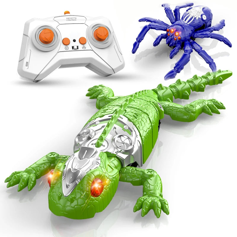 A green wall-climbing gecko toy with silver armor and glowing red LED eyes is shown next to a blue spider and a white remote 