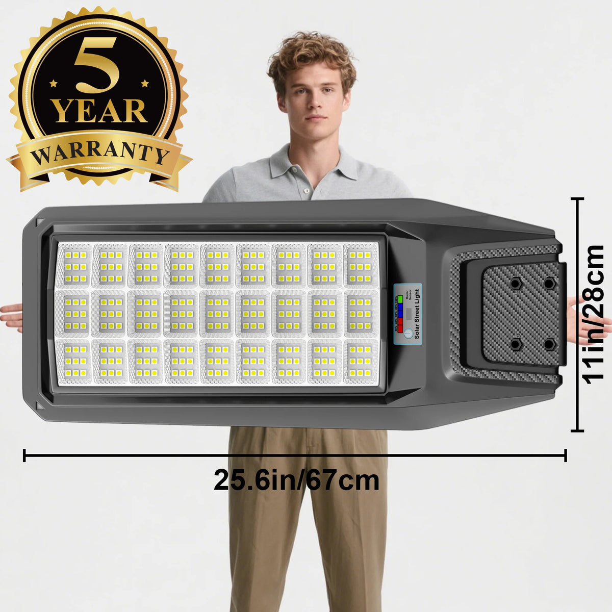A man holds a solar-powered outdoor security light with a motion sensor and remote control, featuring five years warranty.