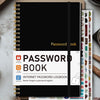 A black spiral-bound password book with a white cover featuring the title Password Book and an internet password log section.