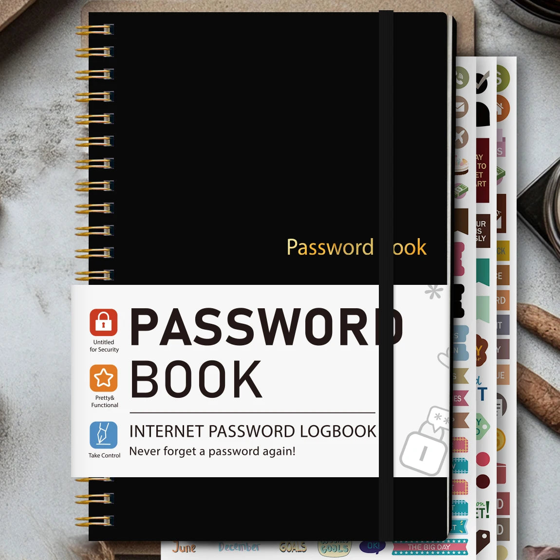 A black spiral-bound password book with a white cover featuring the title Password Book and an internet password log section.