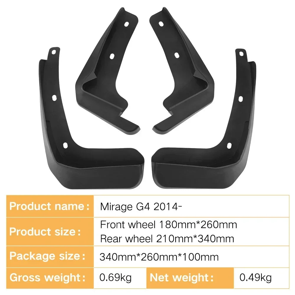 Set of black mud guards for Mitsubishi Mirage G4 2014-2024, including front and rear wheel guards.