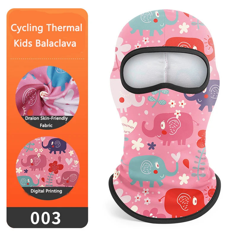 Pink kids balaclava mask with colorful animal prints for cycling and skiing