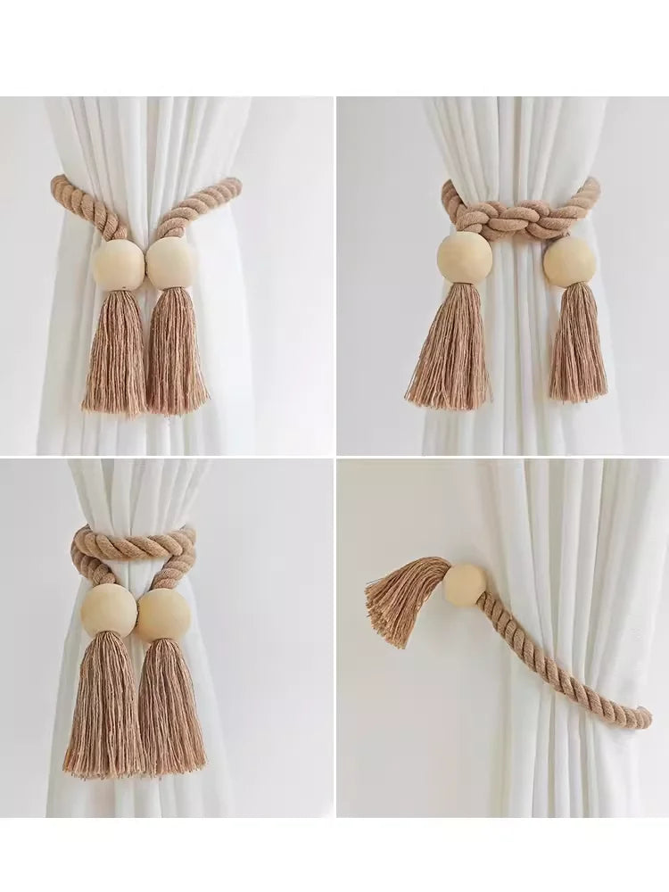 Handwoven Boho Curtain Tiebacks with Wooden Beads