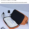 An open orange toiletry bag showing a layered design with compartments for separate storage of wet and dry items.