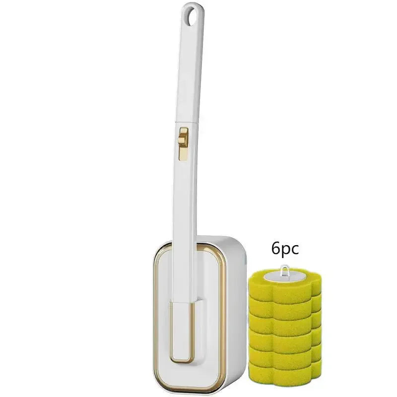 A white disposable toilet cleaning brush with a handle and a yellow replaceable head is shown next to the product.