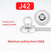 Silberner magnetischer Haken mit 42mm Durchmesser und M6-Aufhängungsringen, belastbar bis 55 kg.