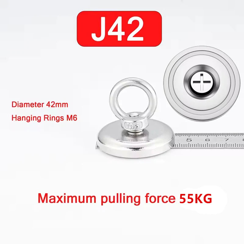 Silberner magnetischer Haken mit 42mm Durchmesser und M6-Aufhängungsringen, belastbar bis 55 kg.