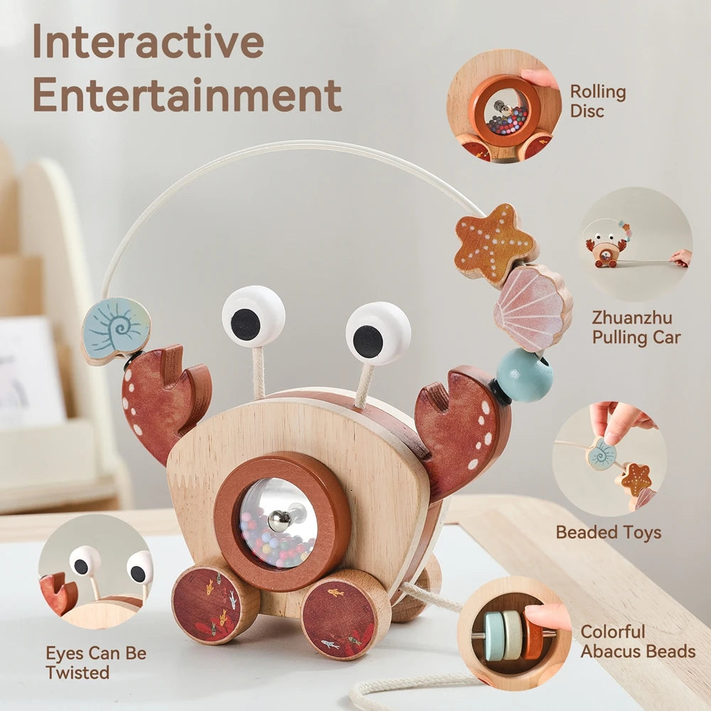 Montessori Wooden Crab Pull Toy with Bead Maze and Life Skills Activities
