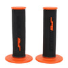 A pair of black and orange aluminum motorcycle handlebar grips with rubber coating.