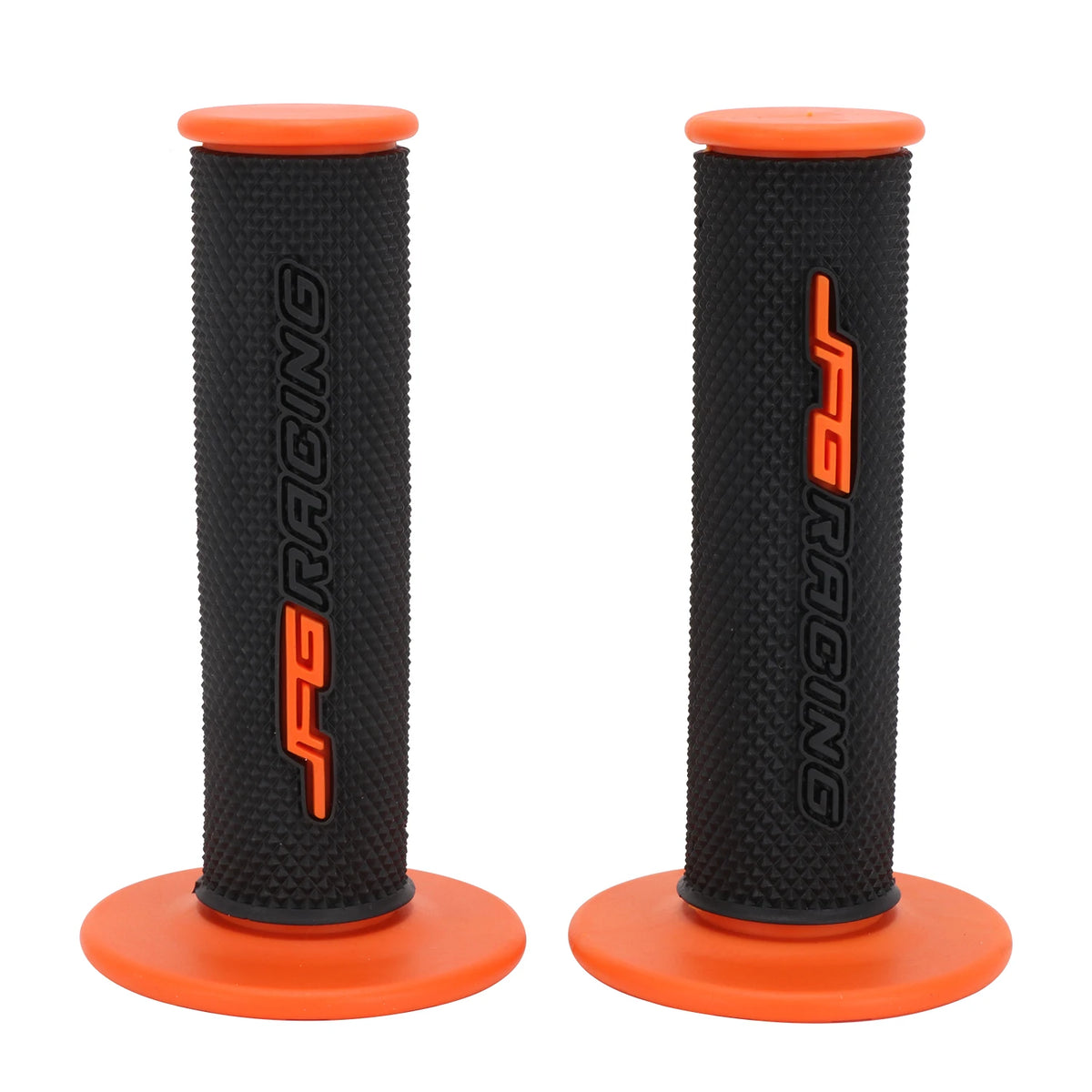 A pair of black and orange aluminum motorcycle handlebar grips with rubber coating.