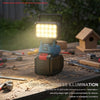 A portable LED work light illuminates a wooden surface, designed for powerful illumination in dark environments.