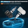 A close-up view of an XTOOL dual frequency TPMS sensor device shown above a blue car silhouette.