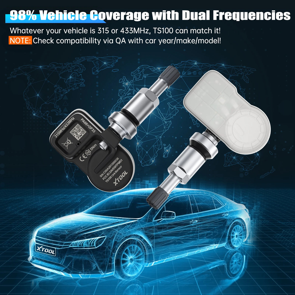 A close-up view of an XTOOL dual frequency TPMS sensor device shown above a blue car silhouette.