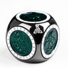 A black and silver metal spinner dice cube featuring dark green marbled dice faces.