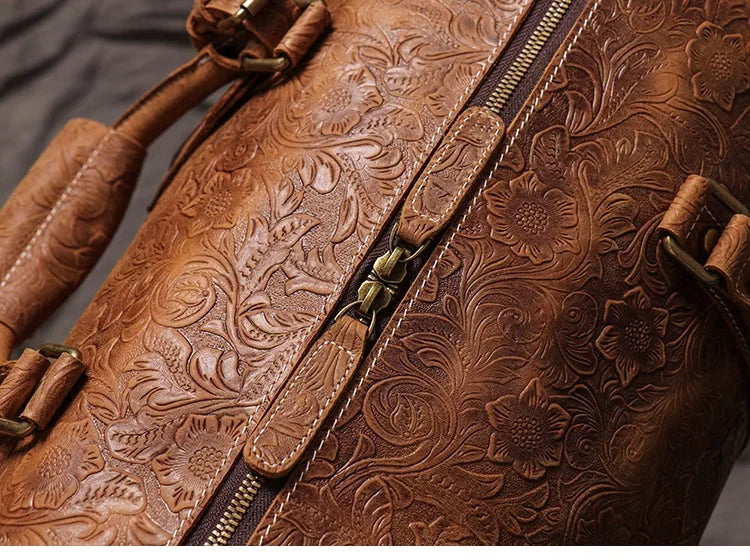 Vintage Embossed Leather Travel Duffle Bag
