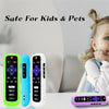 A set of glow-in-the-dark silicone TV remote covers in green, blue, and white shown next to a purple remote.