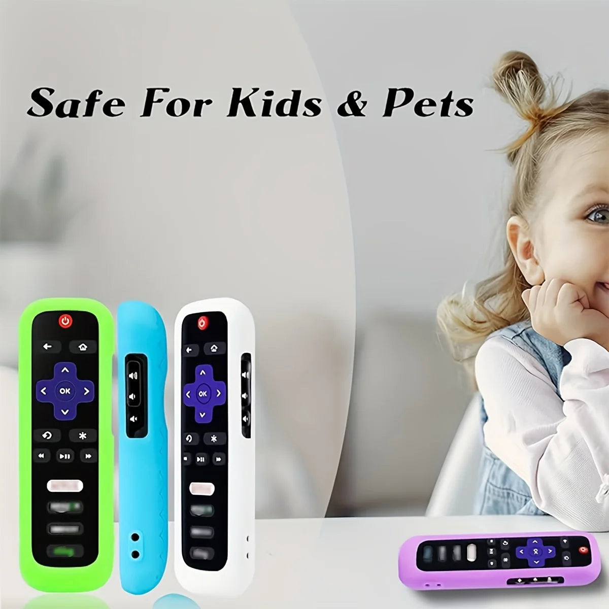 A set of glow-in-the-dark silicone TV remote covers in green, blue, and white shown next to a purple remote.