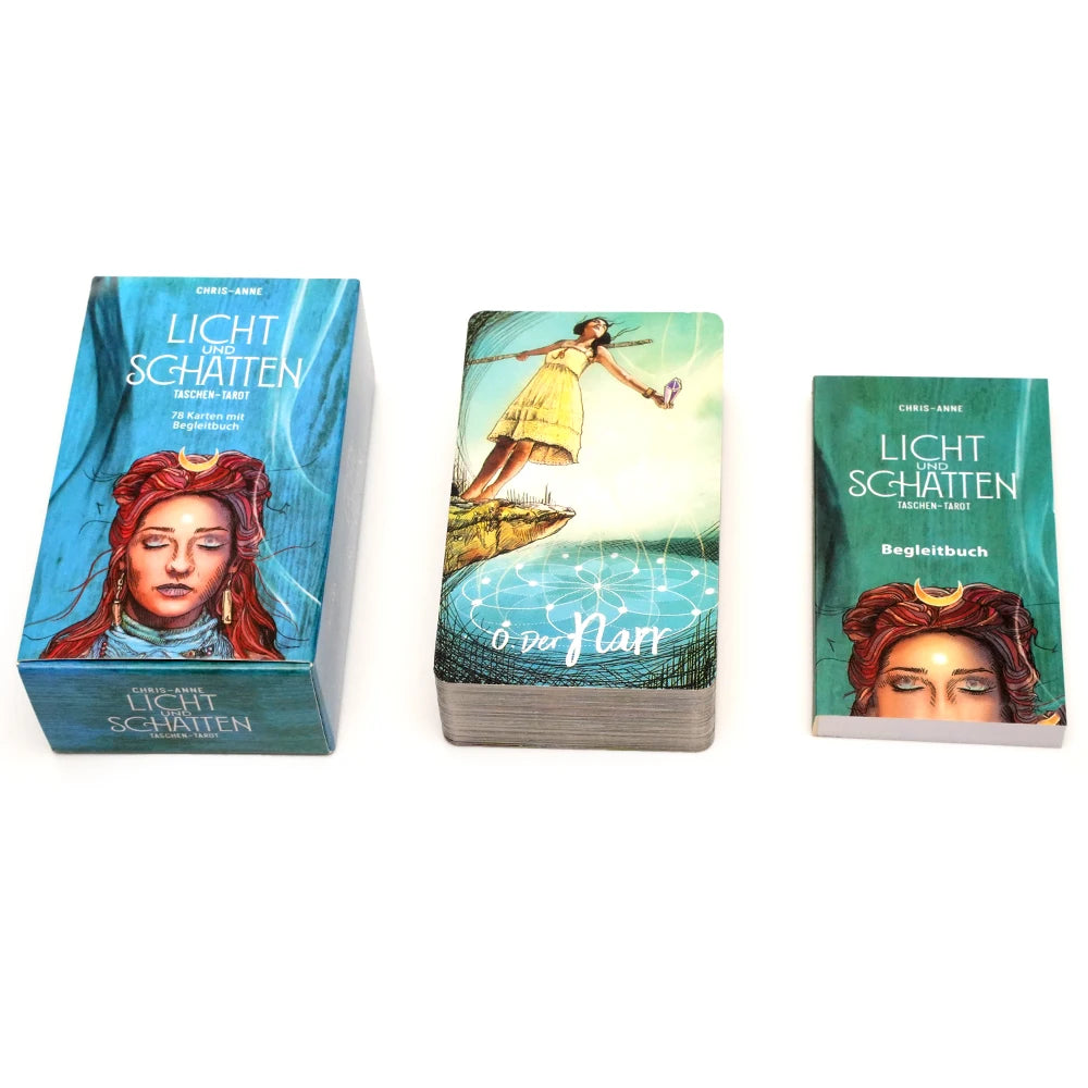 A set of three decks of the Light and Shadow Tarot deck with guidebook, featuring cover art of a woman.
