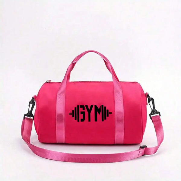 A bright pink lightweight travel duffel bag with black text reading GYMI on the front.