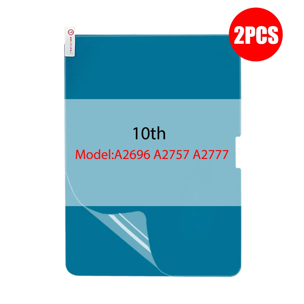 A blue paper-feel matte screen protector for iPad, labeled as the 10th model A2696 A2757 A2777.