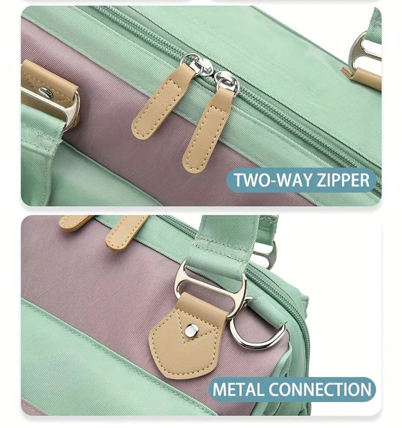 Nahaufnahme eines Zwei-Wege-Reißverschlusses und einer Metallverbindung an einer hellgrün-lila isolierenden Thermotasche.