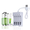 A white USB fast battery charger device with multiple battery slots and a cord, next to a diagram showing 50% and 20% charge 