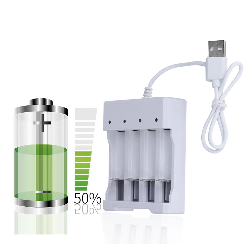 A white USB fast battery charger device with multiple battery slots and a cord, next to a diagram showing 50% and 20% charge 