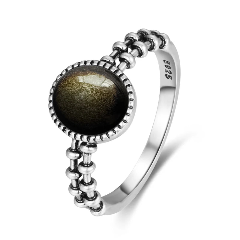 Vintage Sterling Silver Obsidian Ring with Sun and Flower Motif