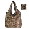 A brown leopard print foldable floral shopping tote bag with an attached pouch.