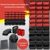 A set of 32 plastic storage bins in black and red are shown, with some arranged separately from a stacked configuration.