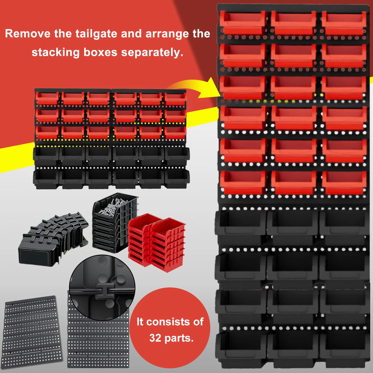 A set of 32 plastic storage bins in black and red are shown, with some arranged separately from a stacked configuration.