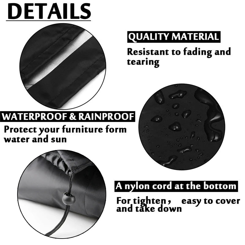 Black nylon cord fire pit cover resistant to fading and tearing, waterproof, and rainproof.