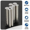 A set of silver disc magnets is shown with icons highlighting multi-uses, useful design, corrosion resistance, and durability