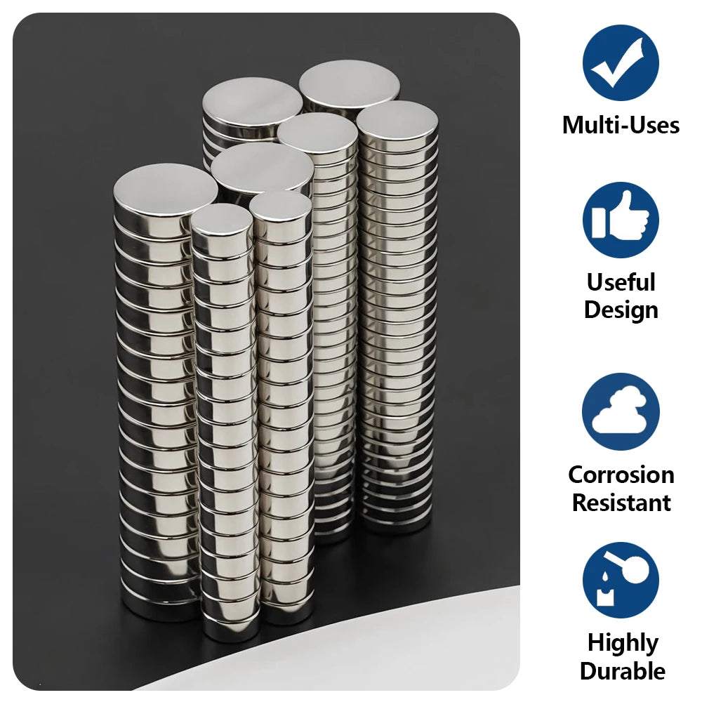 A set of silver disc magnets is shown with icons highlighting multi-uses, useful design, corrosion resistance, and durability