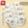A pack of five white cotton muslin bandana bibs featuring cute panda and wildlife designs for babies