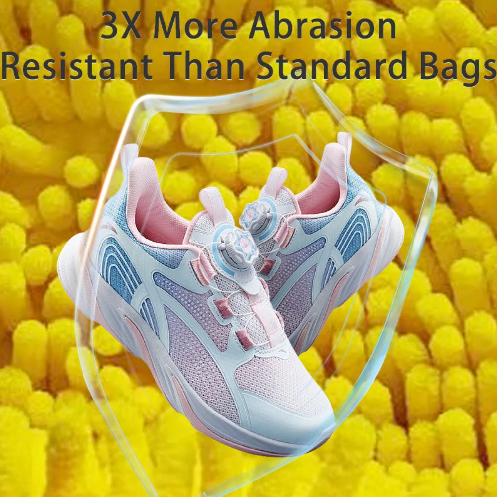 A pair of light blue and pink athletic shoes inside a clear protective bag against a yellow textured background.