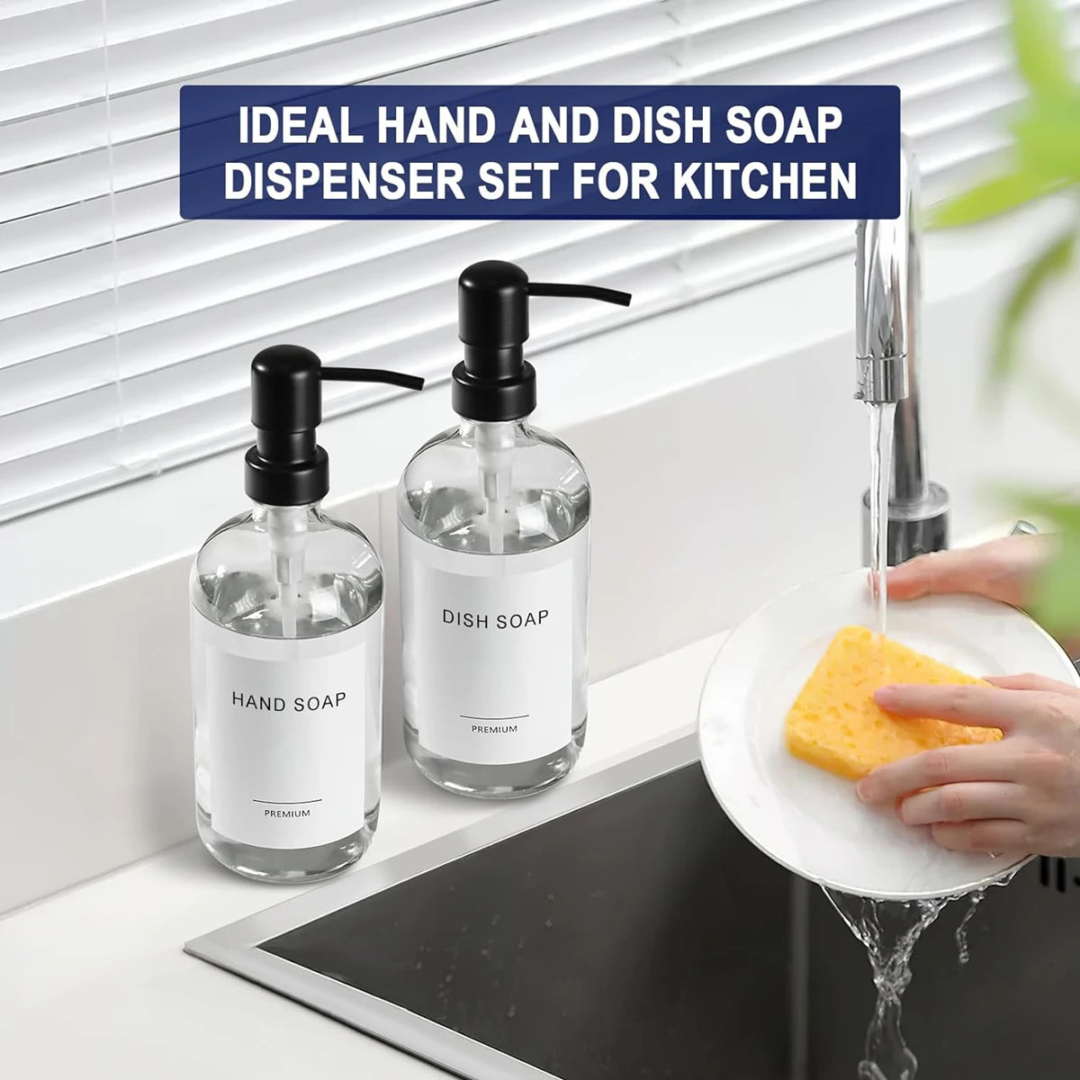 A set of two clear glass hand and dish soap dispensers with stainless steel pumps on a kitchen sink