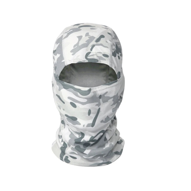 Gray camouflage stretchy breathable balaclava cap worn on a mannequin.