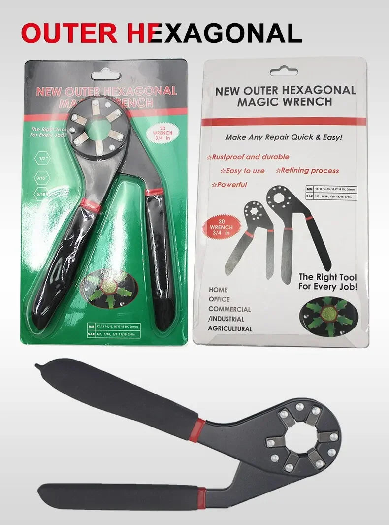 A new outer hexagonal magic wrench set includes a tool and various sizes for repairs.