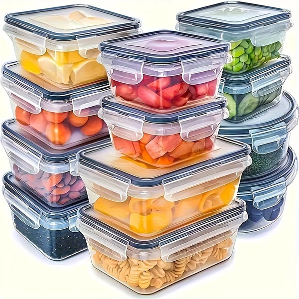 A set of clear airtight food storage containers filled with various colorful fruits and vegetables.