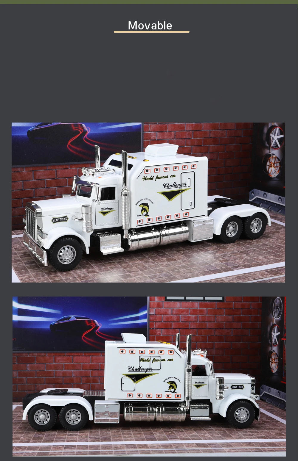 A white 1:24 scale diecast Peterbilt 389 heavy truck model with pull-back action, sound, and lights displayed on a brick back